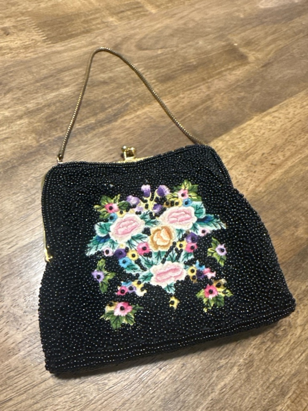 Black Beaded Floral Embroidered Wristlet Clutch with Gold Frame
